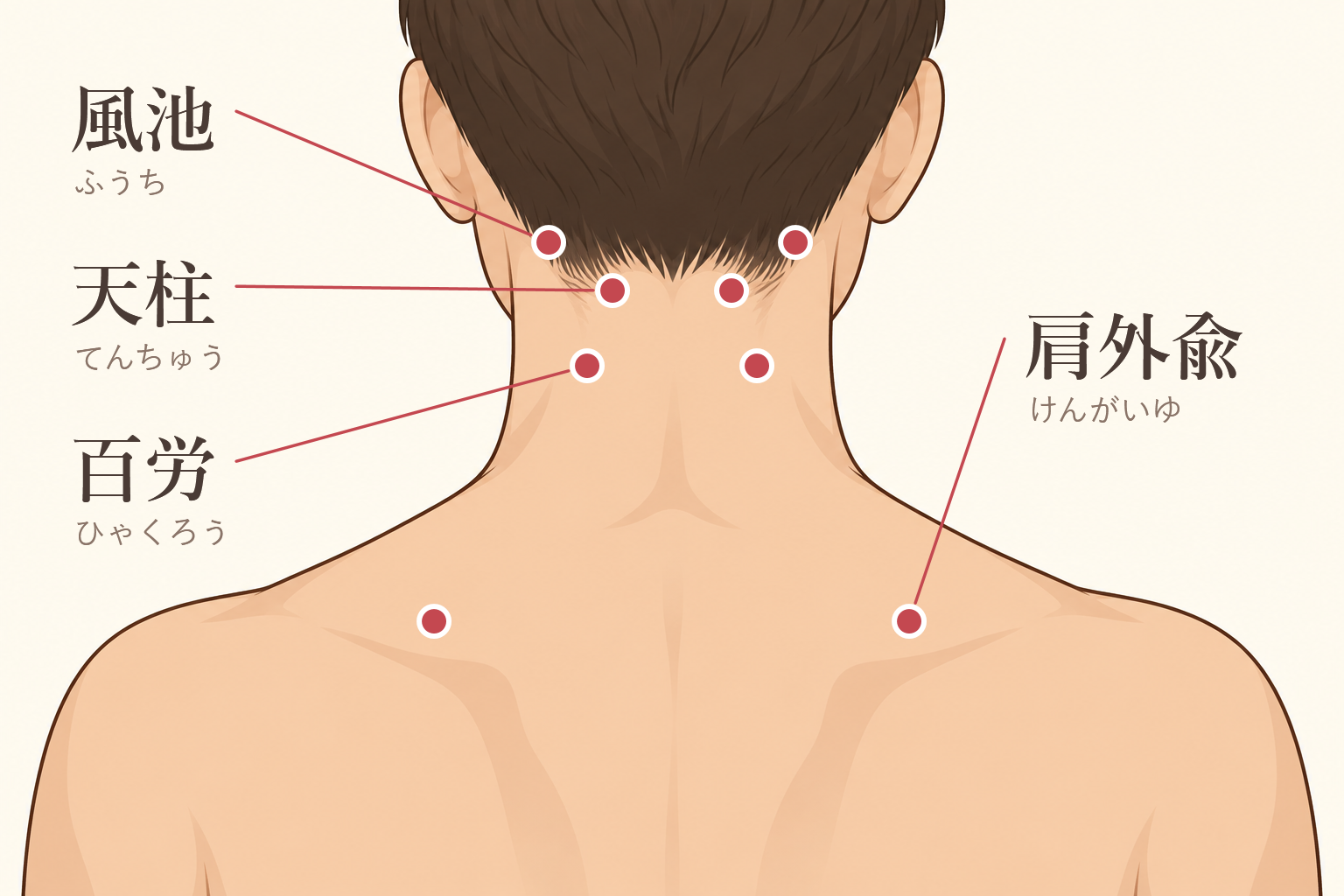 首の後ろのツボ：風池・天柱・百労・肩外兪の位置