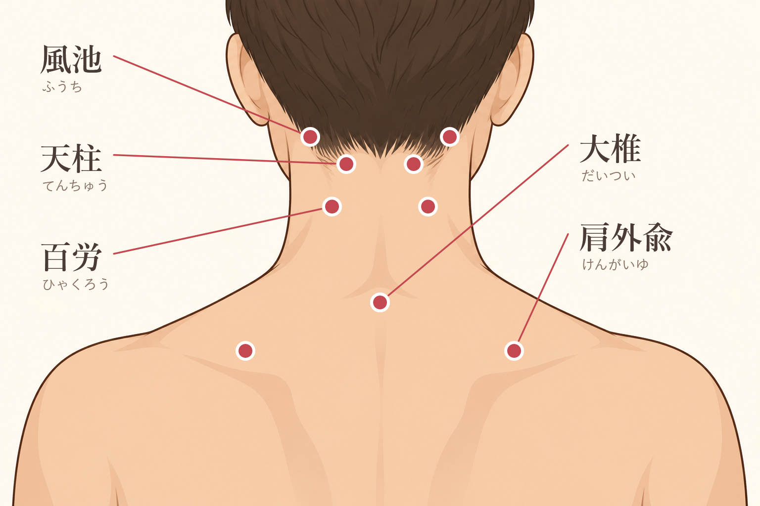 首の後ろのツボ（風池・天柱・百労・大椎・肩外兪）の位置図