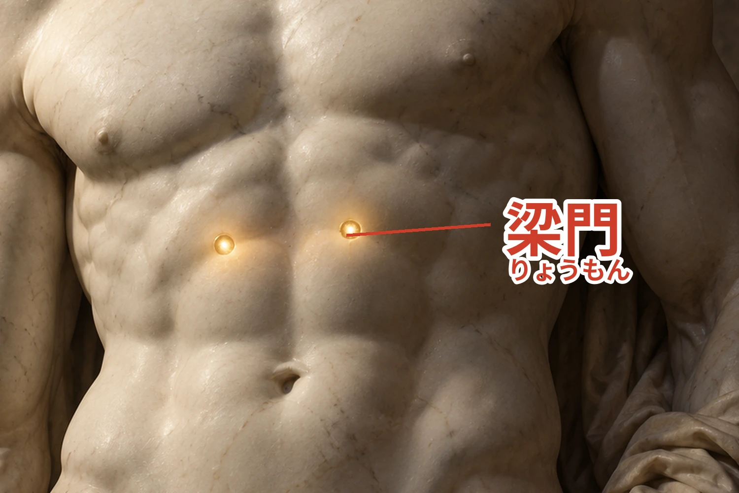 梁門(りょうもん)の位置。中脘の左右、指3本分外側